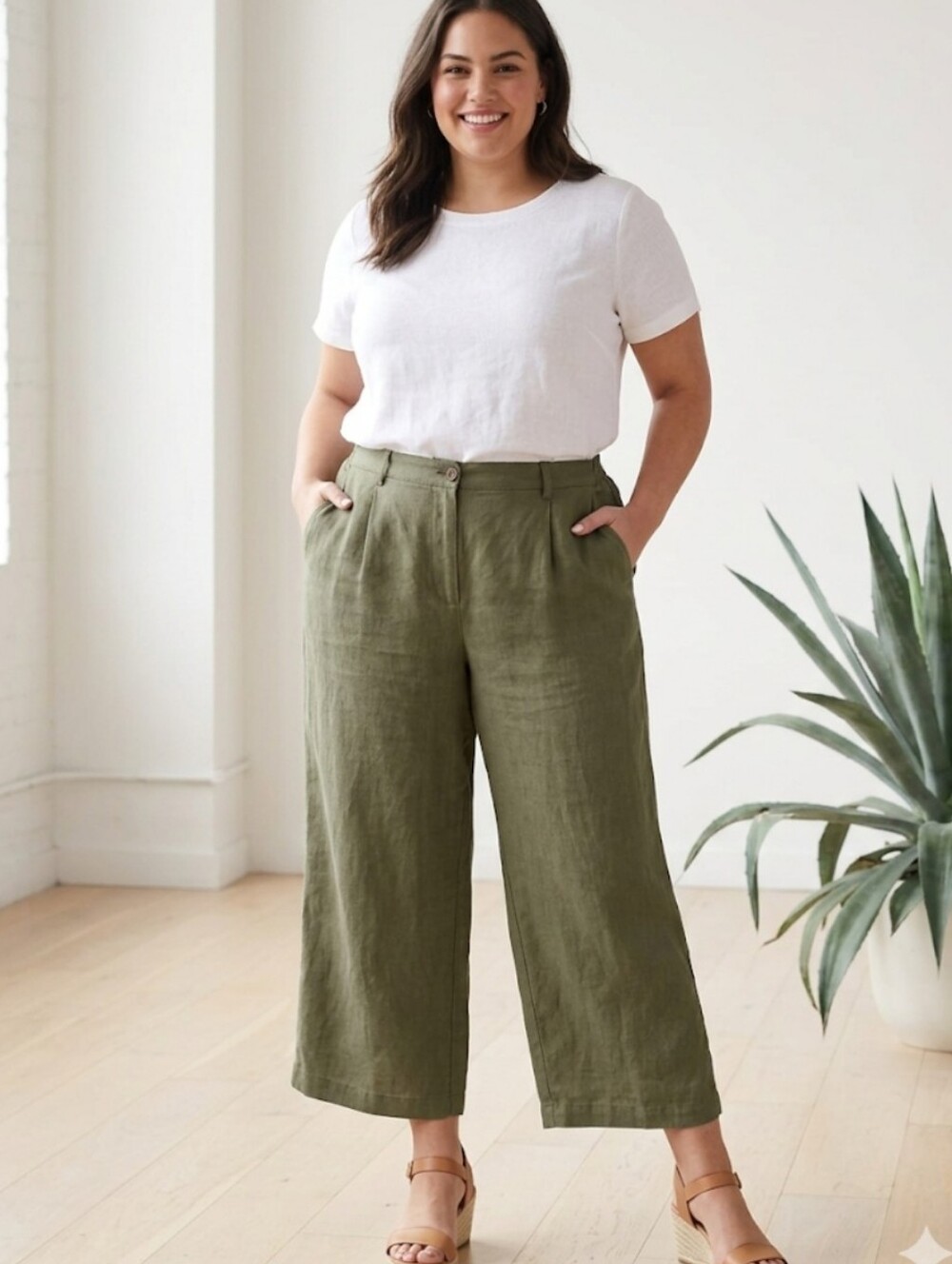 Lands' End 100% Linen Wide Leg Crop Pants Gray 18W High Rise Coastal